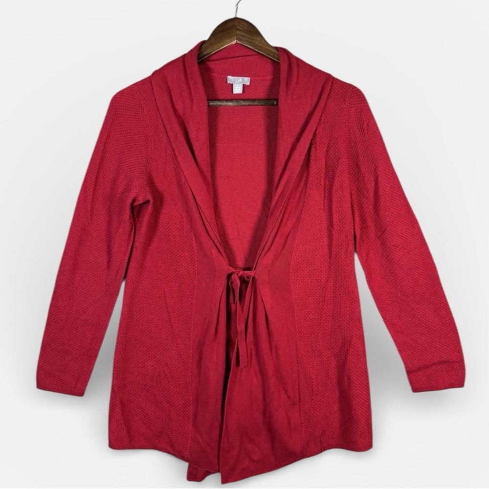 J Jill Cardigan Sweater‎ Womens Petite Small Red Open Front Belted Knit Shawl